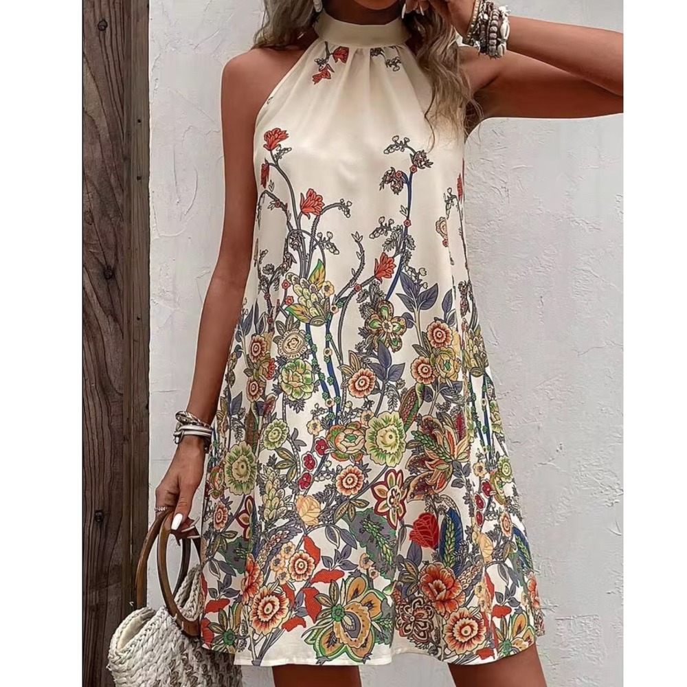 Seasty Women Shift Dress Sz XL Floral Apricot Halte Neck Botanical Print Boho - Picture 2 of 13